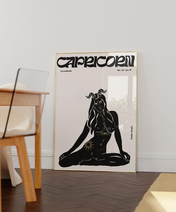 Black Retro Capricorn Art Posterprintable Artminimalist Wall Arttrendy Astrology Artcapricorn Print Downloadzodiac