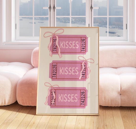 Pink Kisses Ticket Wall Art Typography Poster Cute Dorm Decor Preppy Girly Gallery Posters