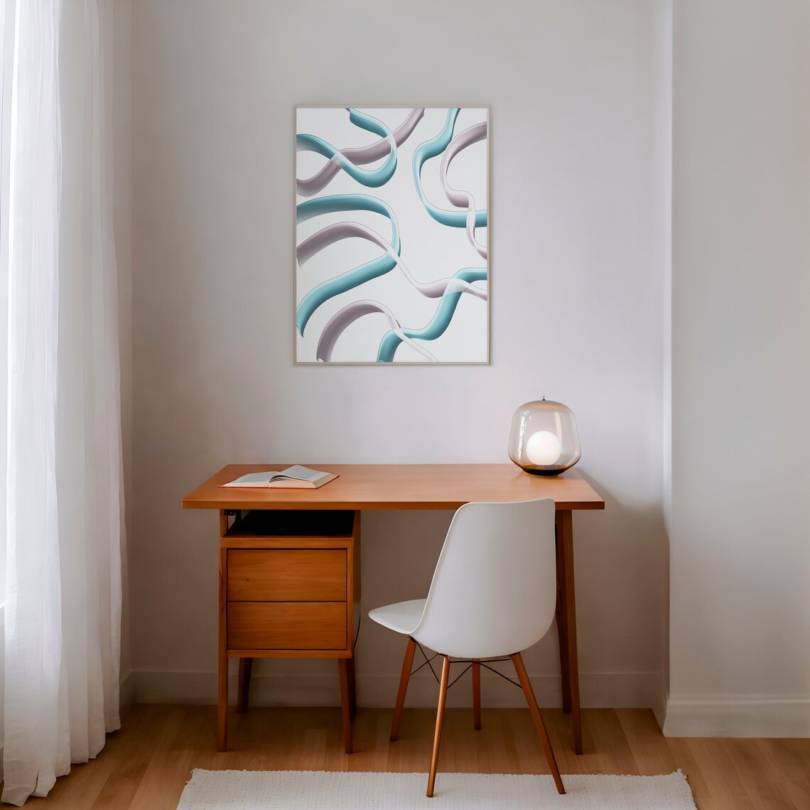 Teal And Lavender Flowing Wavy Ribbon Lines Abstract Art Poster