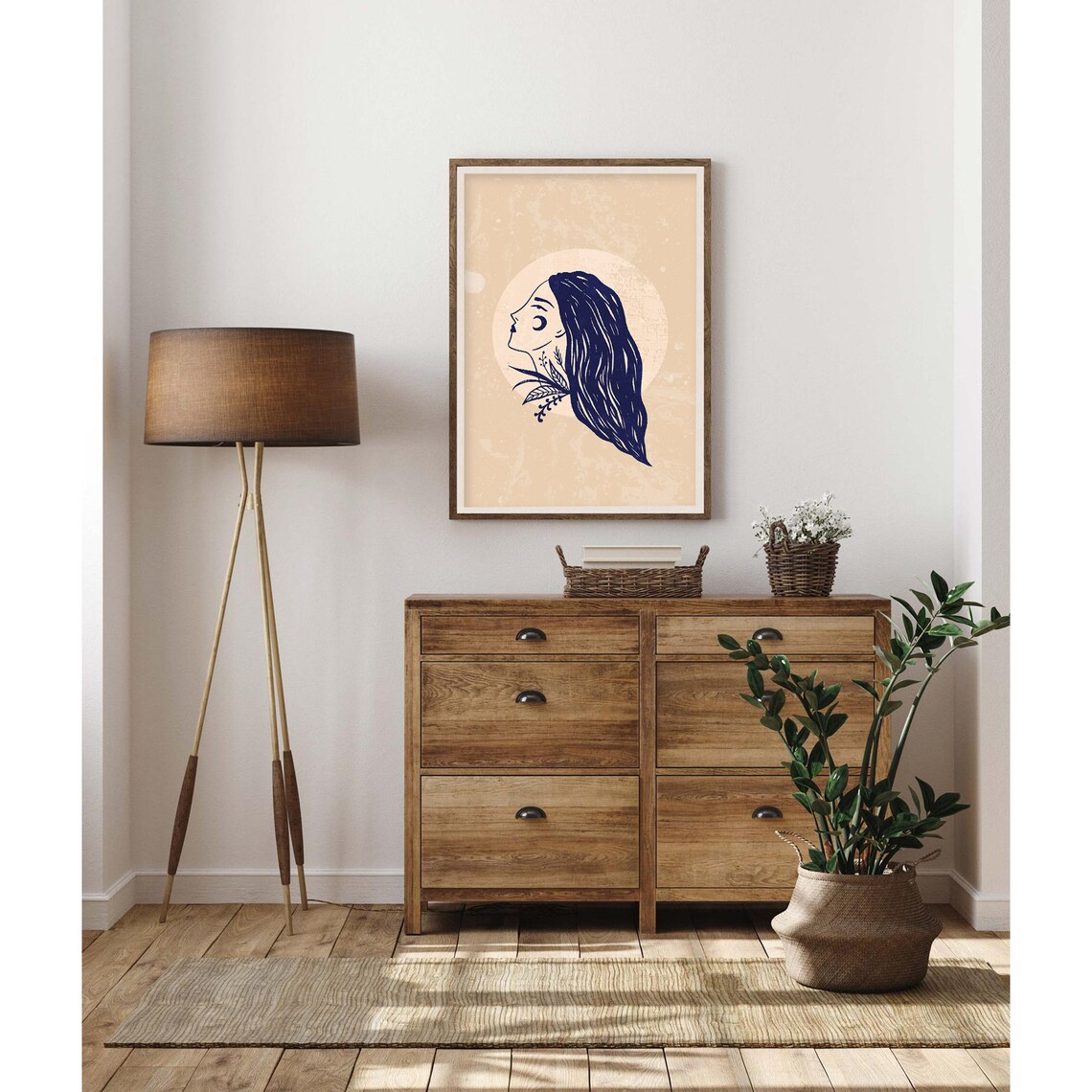 Navy Line Art Woman Profile under Moon Botanical Poster for Modern Home Decor - Image 2