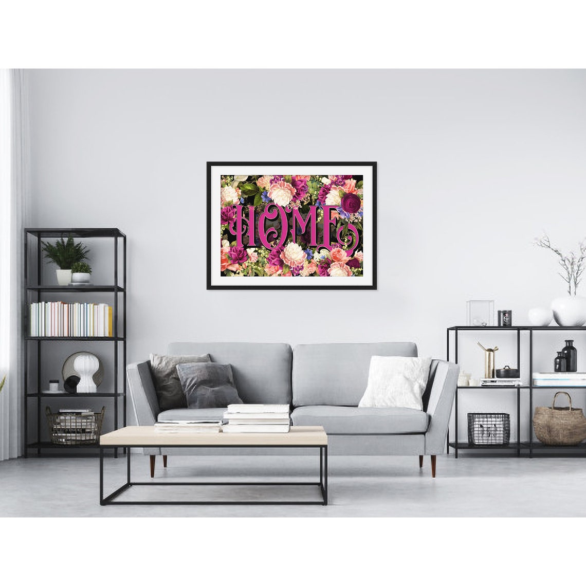 Home Pink Lettering Over Lush Floral Bouquet Decorative Poster - Image 3