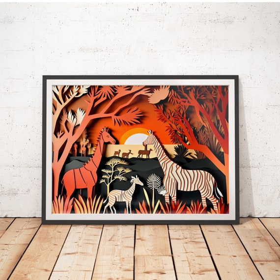 Safari Nursery Print Paper Cut Nursery Art Childrens Room Wall Art Kids Room Posters Nursery Prints Infant Art