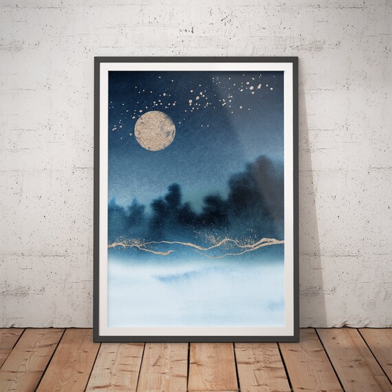 Golden Moon Over Misty Lake Night Watercolor Landscape Poster