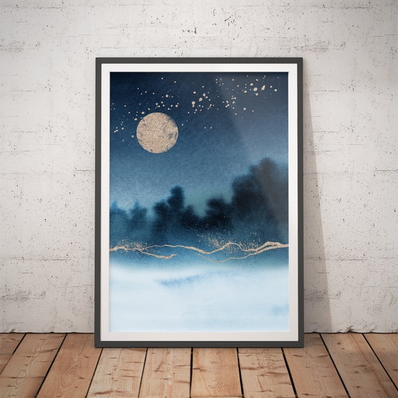 Watercolor Landscape Print No8 Moon Contemporary Minimalist Wall Art Decor Ideas For Bedroom Kitchen Or Living Room