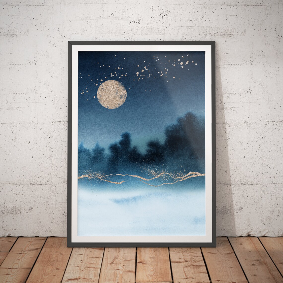 Golden Moon Over Misty Lake Night Watercolor Landscape Poster
