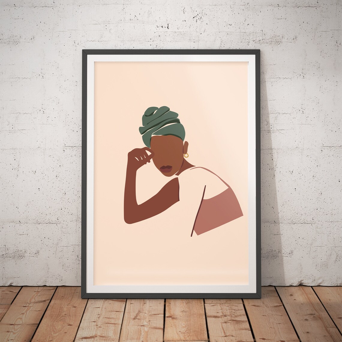 Black Woman in Sage Green Headwrap Minimalist Portrait Art Poster