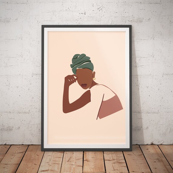 Black Woman in Sage Green Headwrap Minimalist Portrait Art Poster