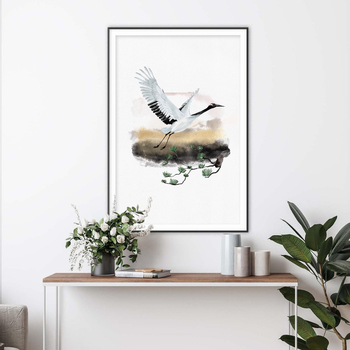 Red-Crowned Crane Flying over Pine Branch Japanese Ink Art Poster - Image 2