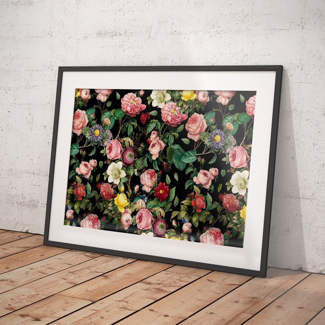 Vintage Pink Roses with Asters and Yellow Blooms on Black Poster - Image 4