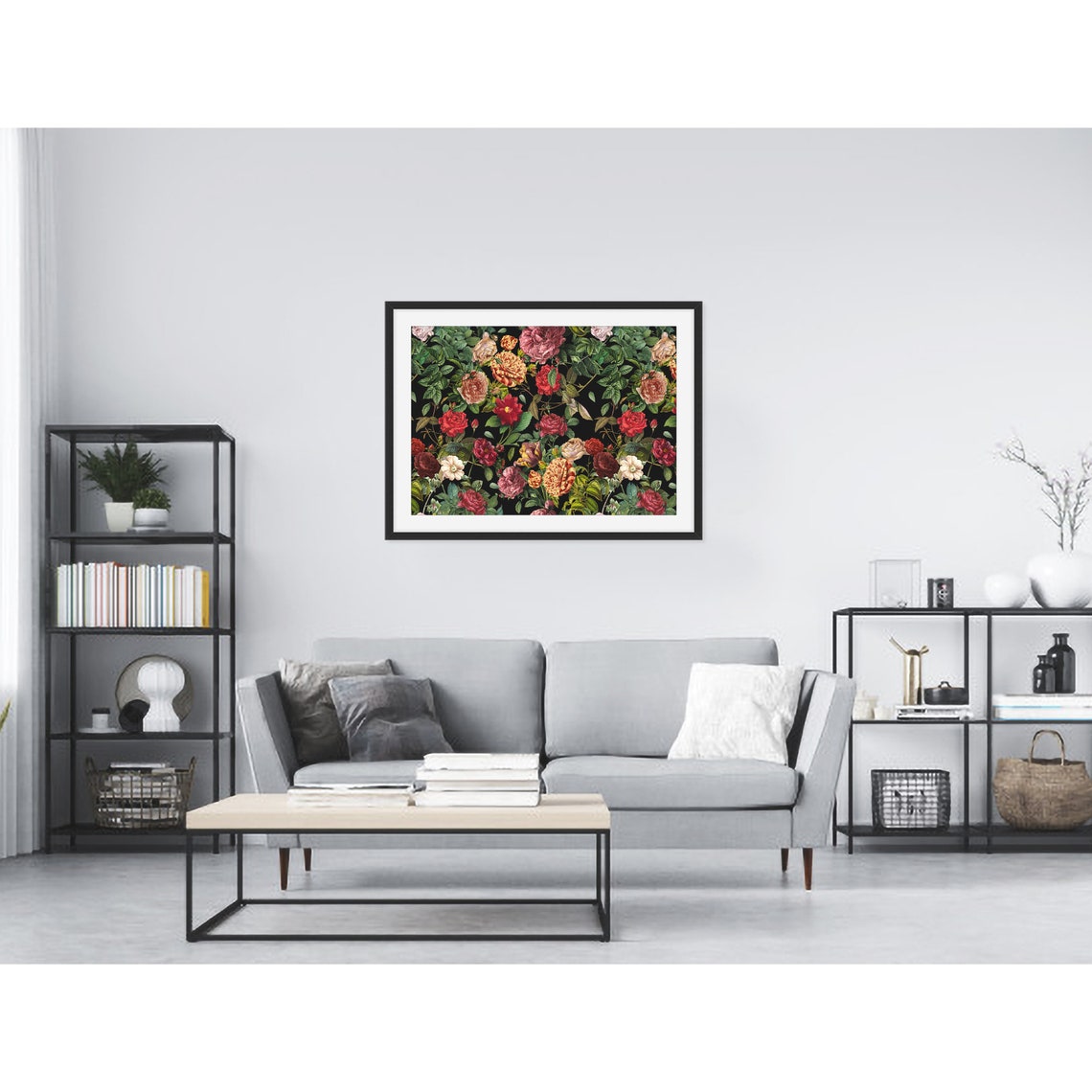Vintage Deep Red and Crimson Roses on Black Botanical Art Poster - Image 3