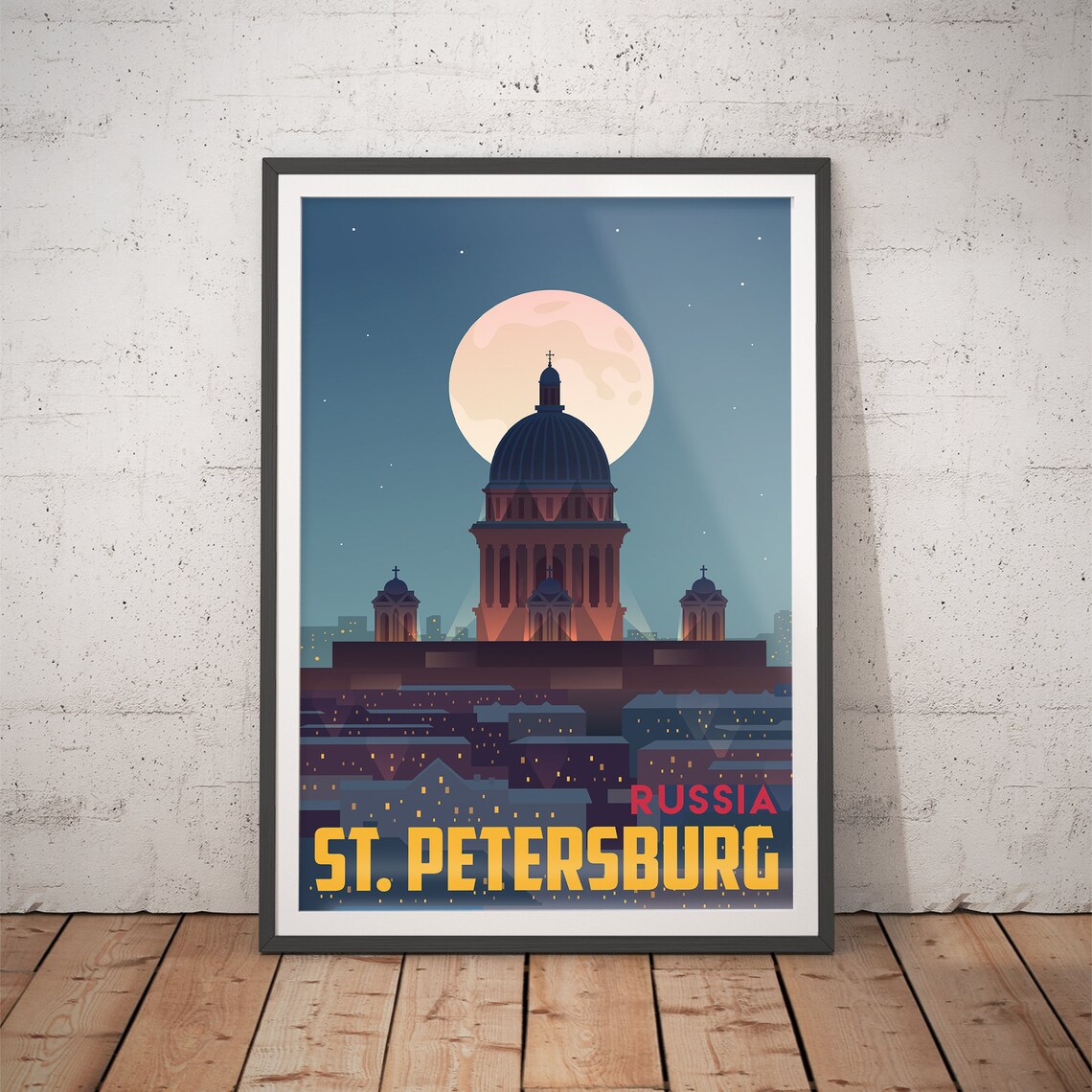 St. Petersburg Russia Full Moon Night Skyline Vintage Travel Poster