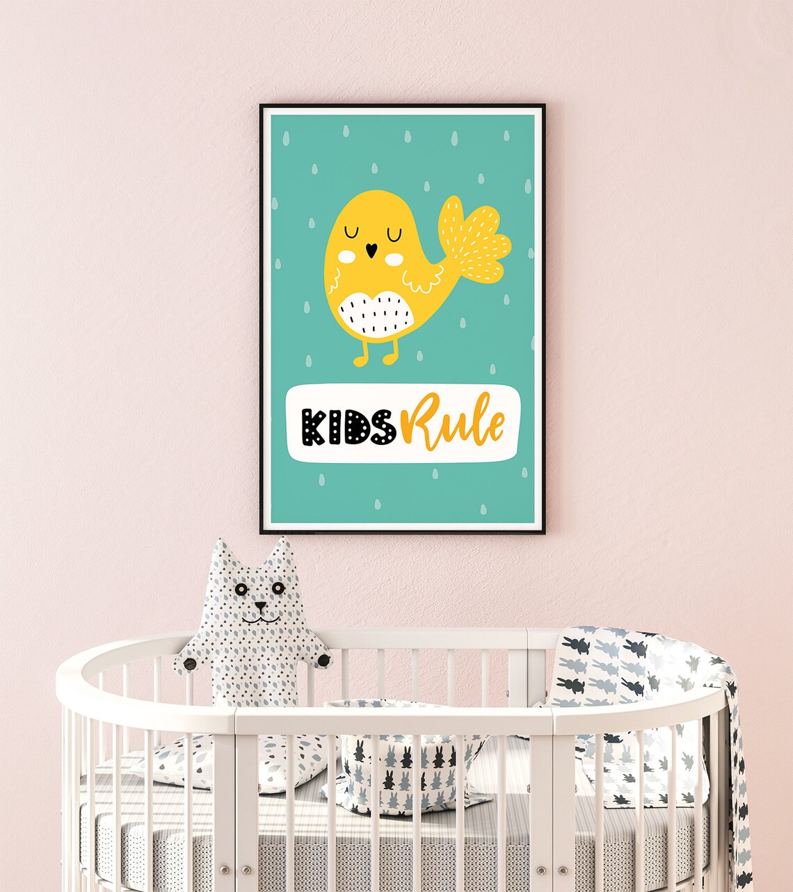 Kids Rule Yellow Bird Nursery Poster Teal Playroom Kids Room Decor - Image 2