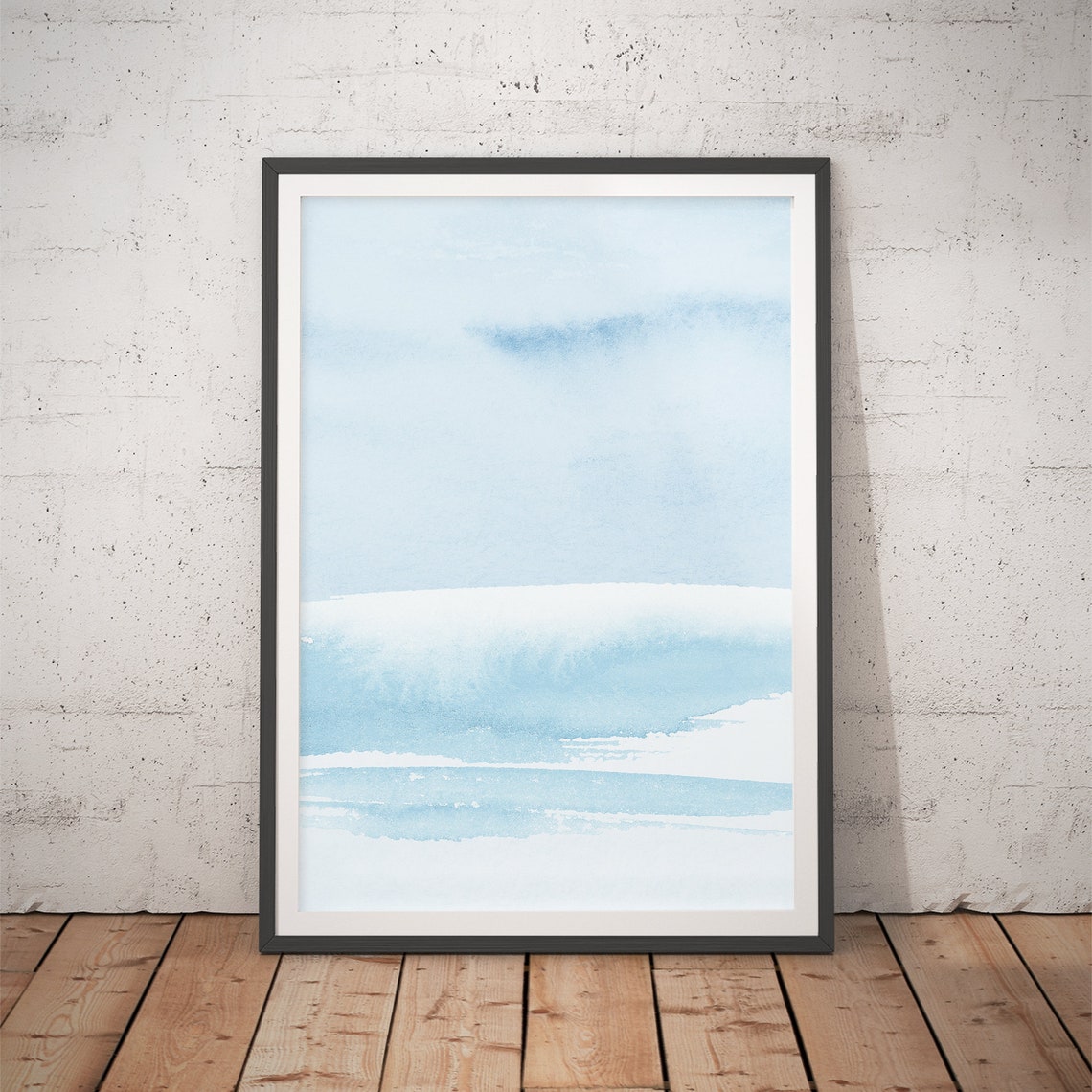 Pale Blue Sea Waves Minimalist Coastal Watercolor Print Artwork