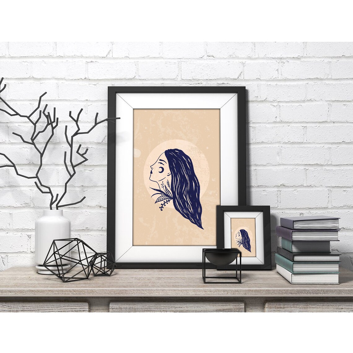 Navy Line Art Woman Profile under Moon Botanical Poster for Modern Home Decor - Image 4