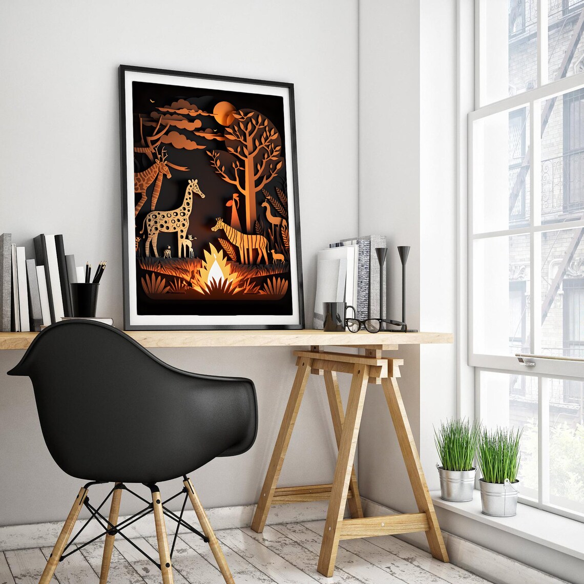 Giraffe Safari Golden Sunset Glowing Paper Cut Nursery Poster - Image 2