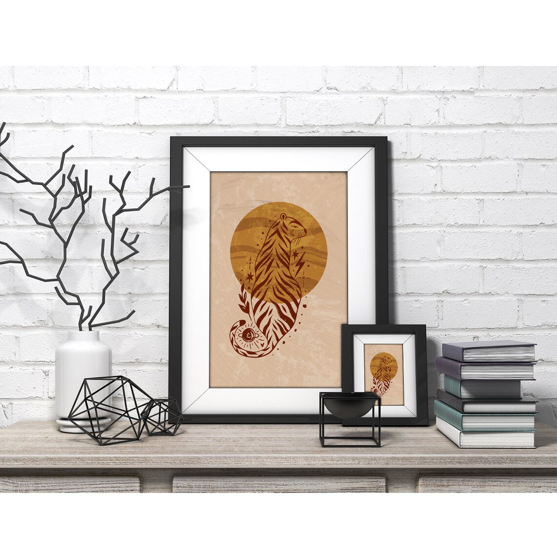 Terracotta Tiger Silhouette before Golden Sun Disc Poster for Modern Home Decor - Image 4