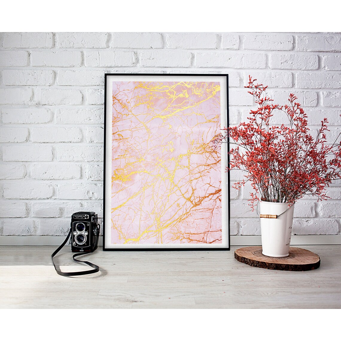 Blush Pink Marble Fine Gold Vein Contemporary Abstract Art Poster - Image 2