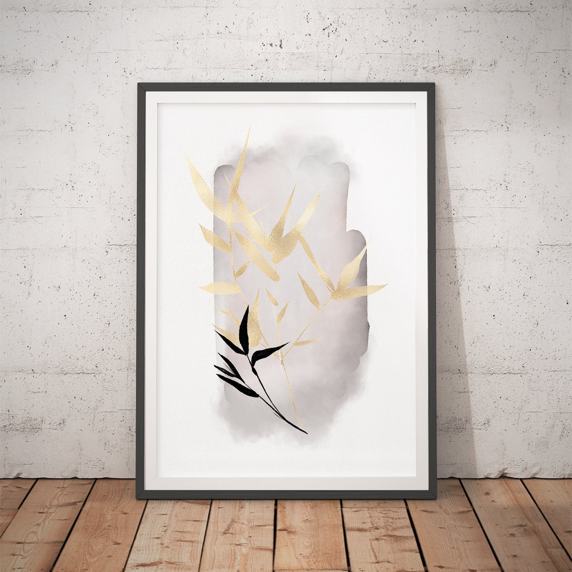 Gold Leaf Branches with Black Accent Japanese Watercolor Poster