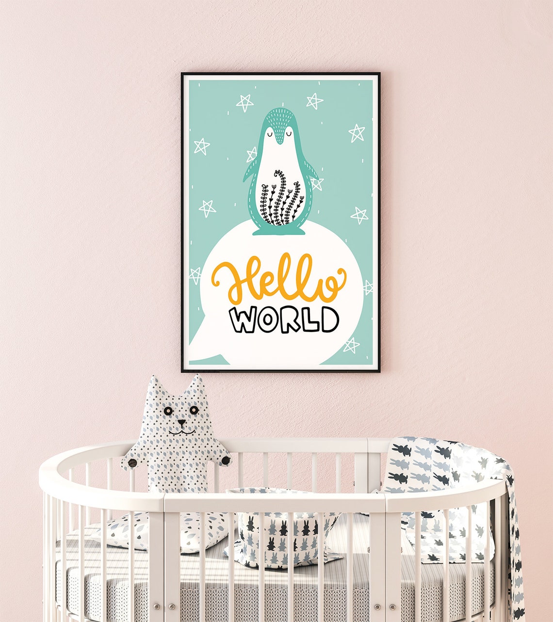 Hello World Penguin Nursery Poster Mint Stars Baby Room Wall Decor - Image 2