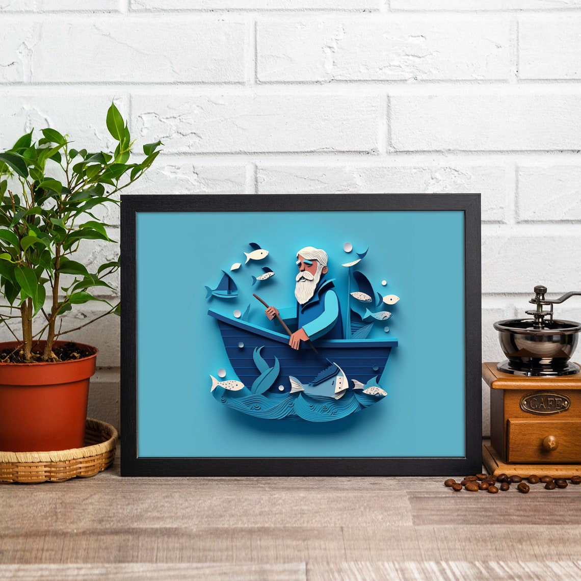 Fisherman Rowing Scandi Blue Boat Paper Cut Kids Room Art Poster - Image 4