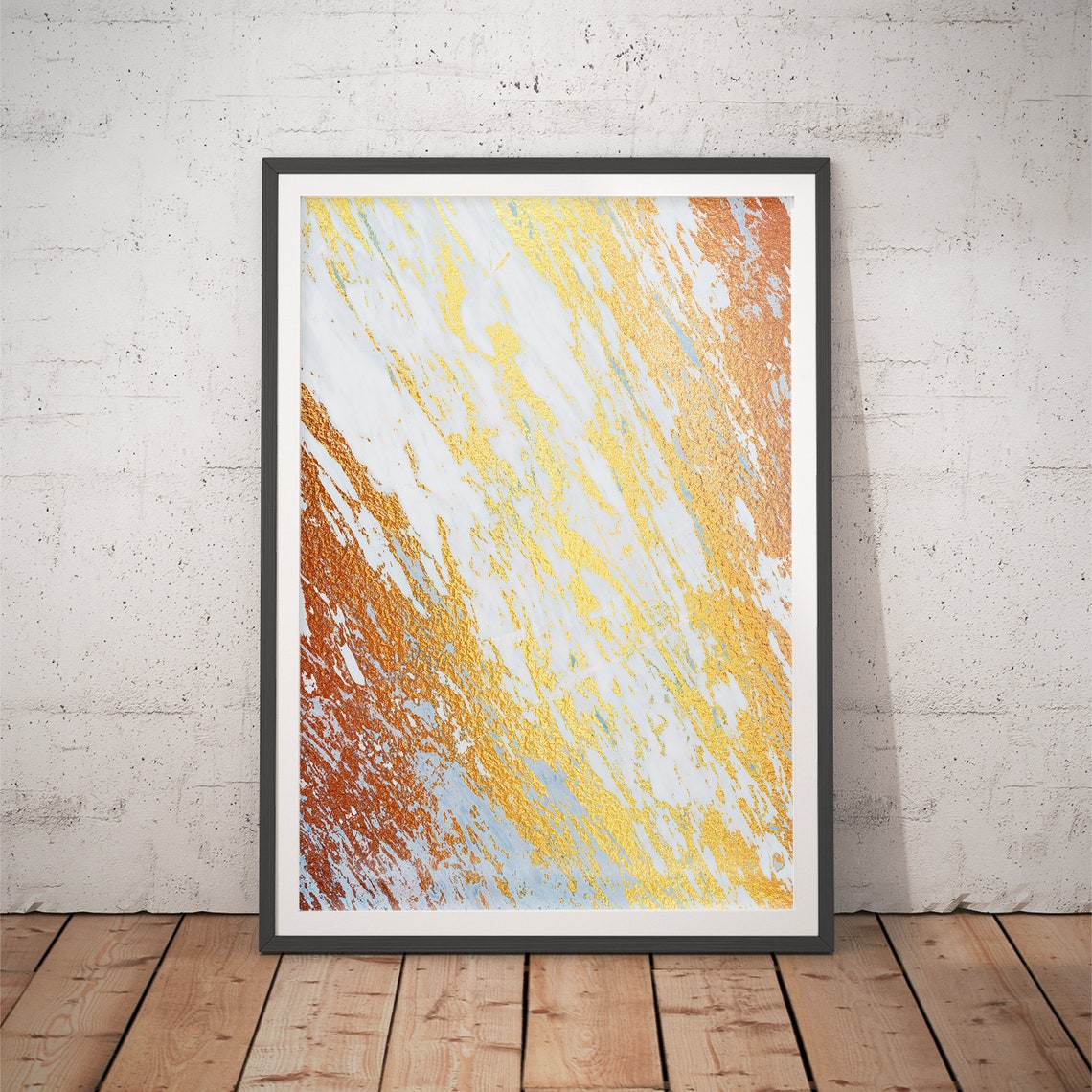 White Marble Gold Copper Diagonal Brushstroke Glam Abstract Poster