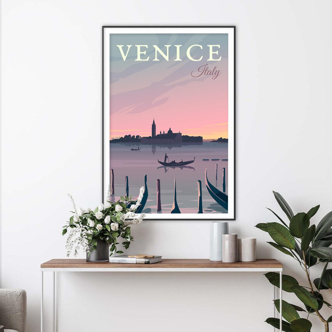 Venice Italy Sunset Gondola on the Lagoon Retro Travel Art Poster - Image 2