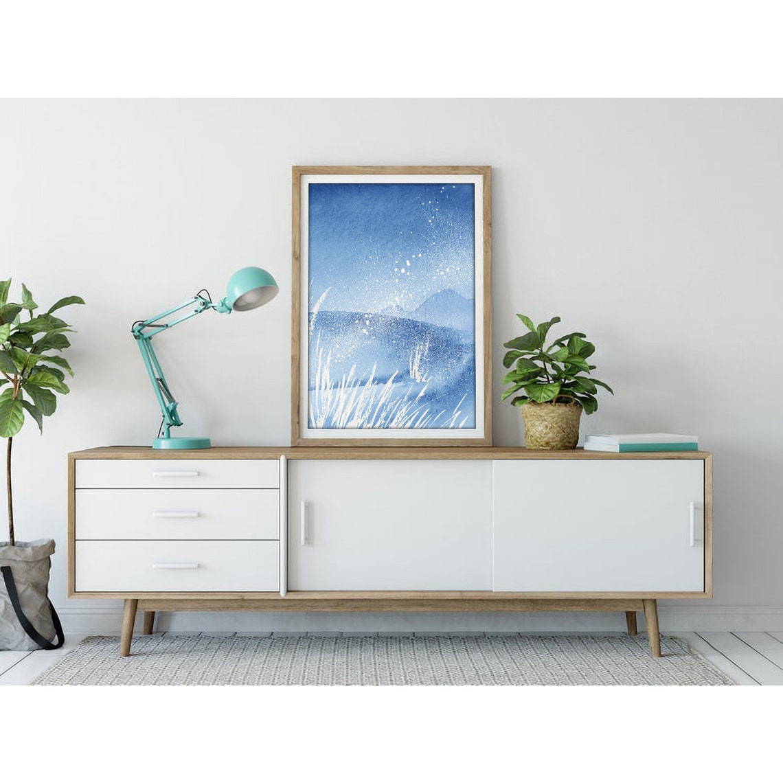 Blue Coastal Waves With White Wild Grass Spray Watercolor Art Poster - Image 3