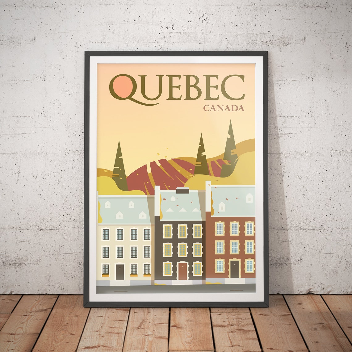 Quebec Canada Old Town Houses Autumn Sunset Retro Travel Poster