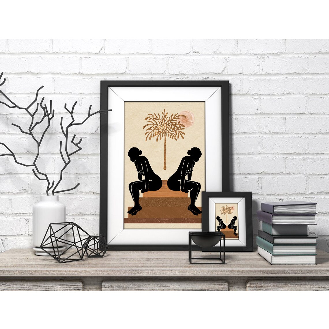 Mirrored Black Seated Women Gold Palm Sun Poster for Modern Home Decor - Image 4