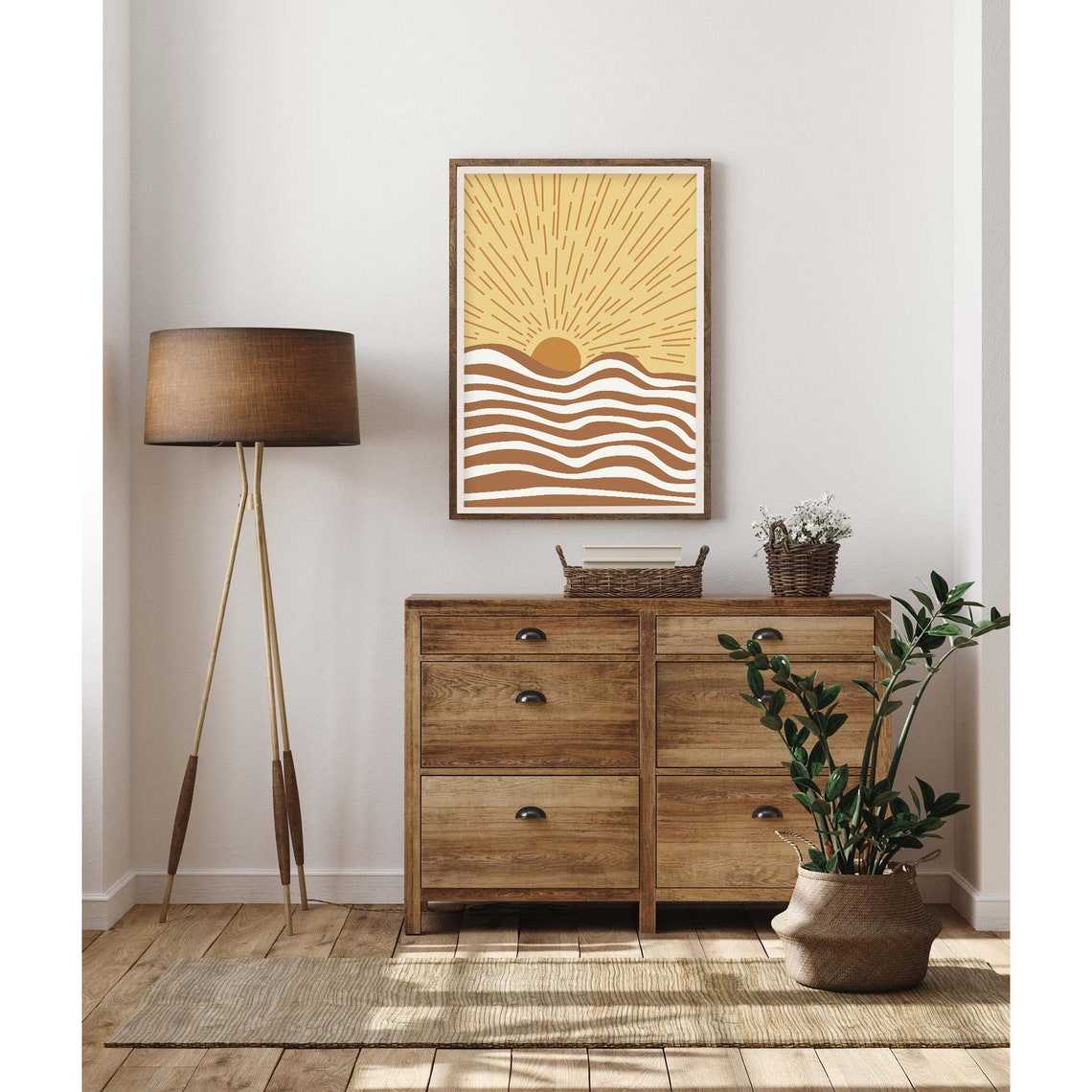 Golden Sunburst Rising Over Striped Ocean Waves Retro Art Poster - Image 2