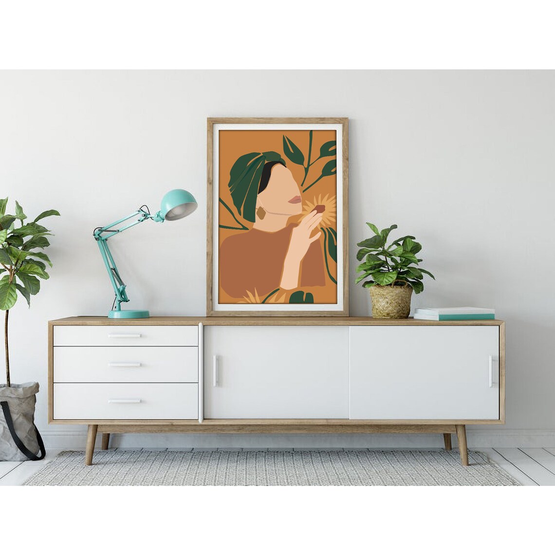 Woman with Green Leaves Sunflower Mustard Poster for Modern Home Decor - Image 3