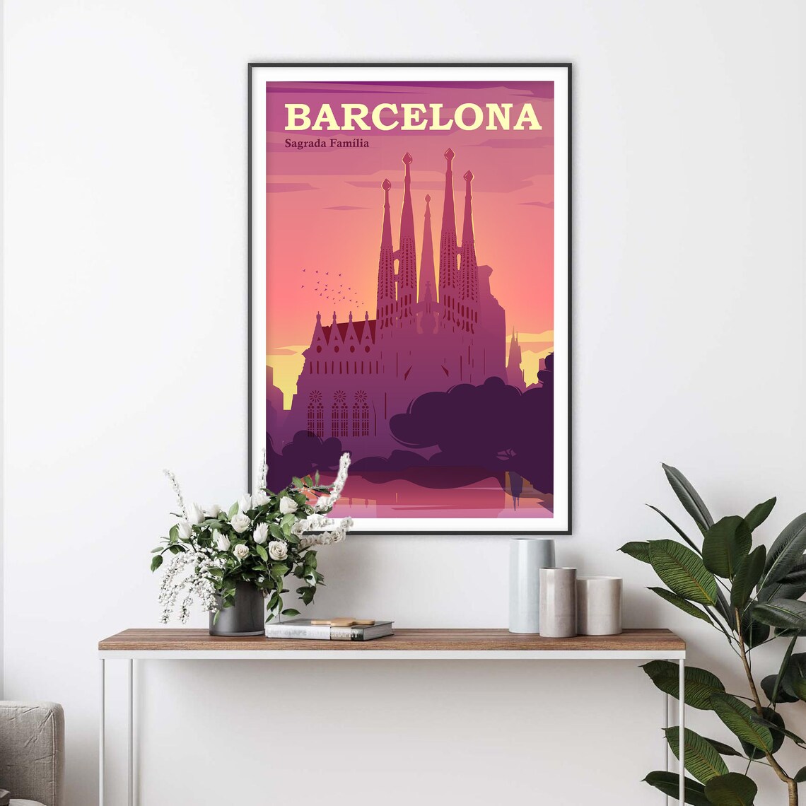 Barcelona Spain Sagrada Familia Pink Sunset Retro Travel Poster - Image 2