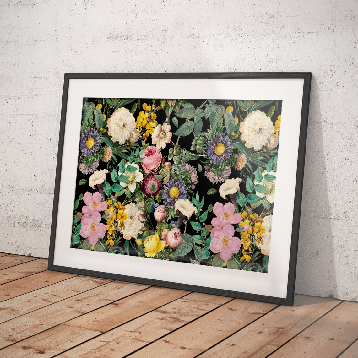 Vintage Pastel Wildflower Meadow on Black Botanical Wall Poster - Image 4