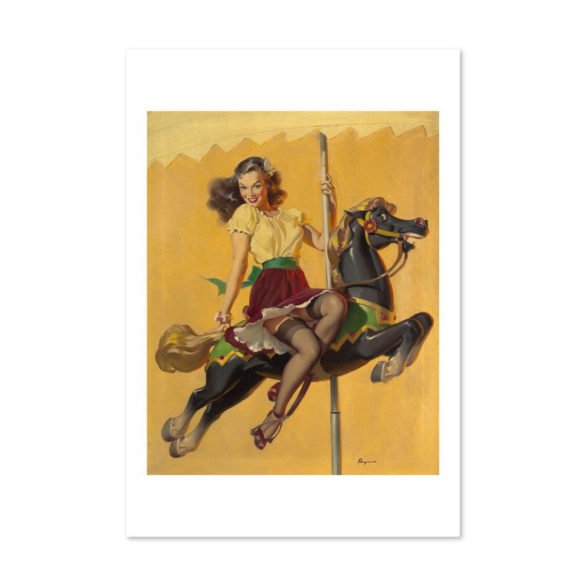 Gil Elvgren Lets Go Around Together Carousel Pin Up Girl Poster