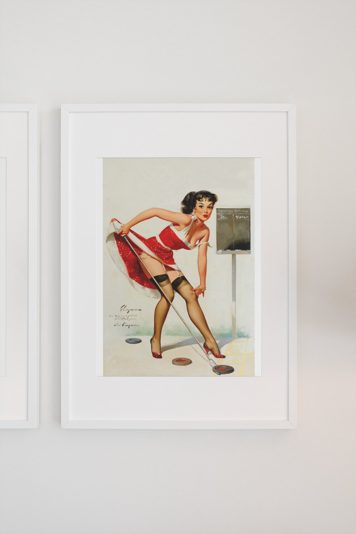 Vintage Elvgren Shuffleboard Pin Up Girl Red Dress Art Poster - Image 3