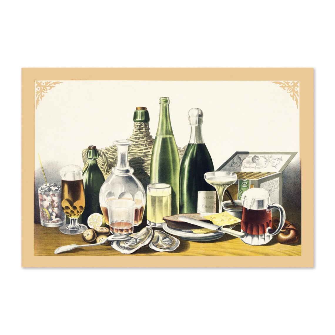 Vintage Still Life Chromolithograph Wine Beer Oysters Poster