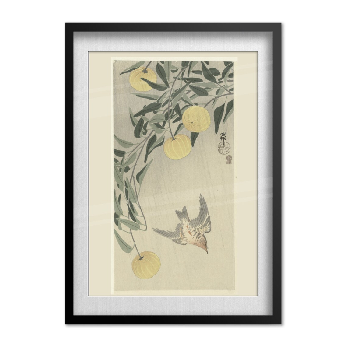 Japanese Woodblock Bird Rain Golden Citrus Branch Nature Poster - Image 4
