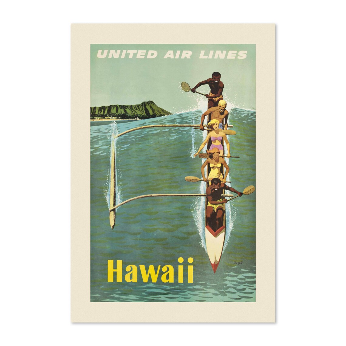 Hawaii 1960s Outrigger Canoe Vintage Travel Poster
