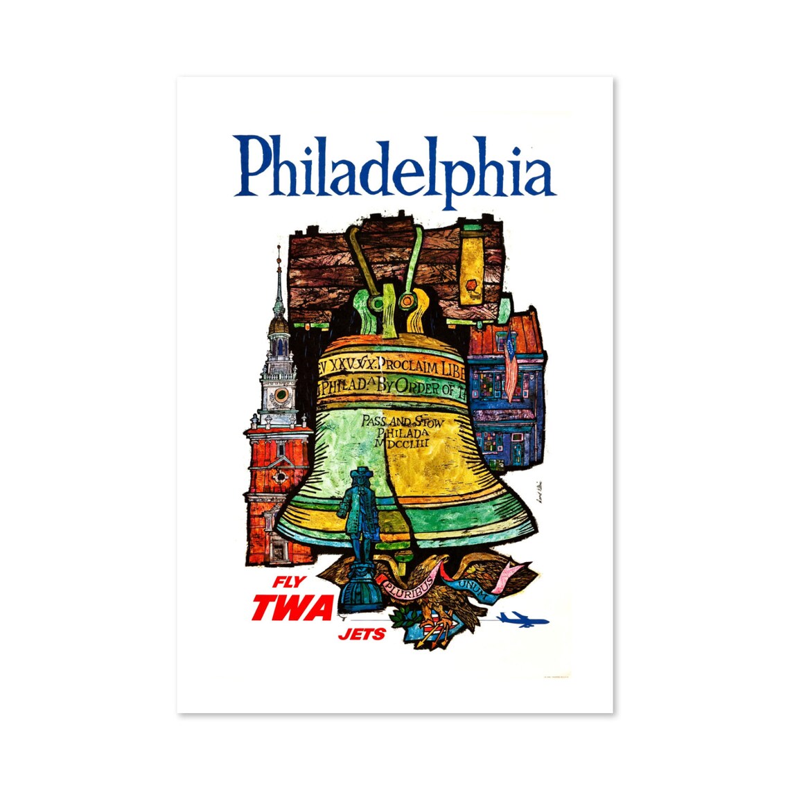 Philadelphia Fly TWA Jets Liberty Bell Vintage Travel Poster