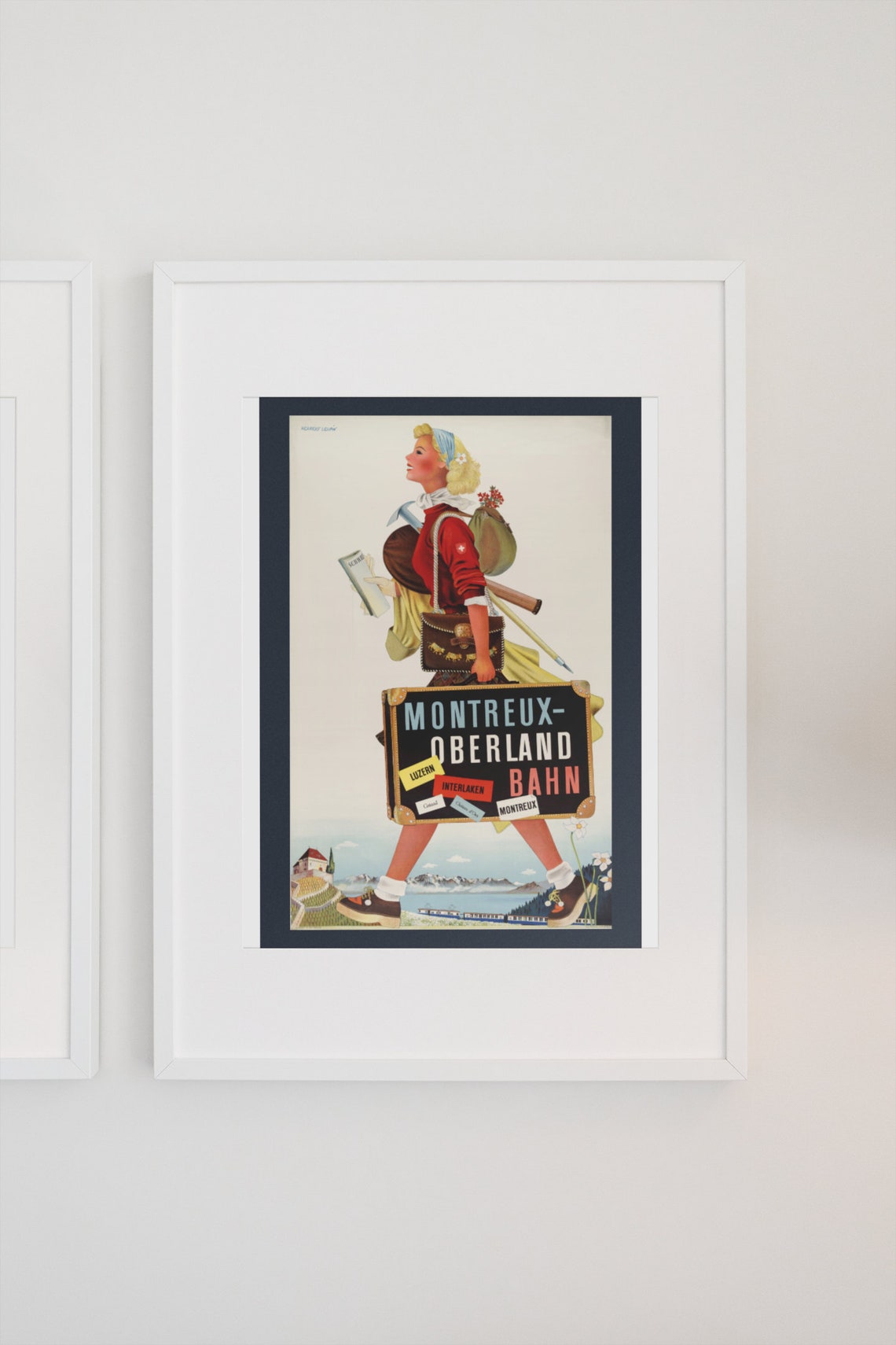Switzerland Girl Montreux Oberland Bahn Vintage Style 1950s Travel Poster Classic Collection Art Print For Gifts And Wall Art Dco - Image 3