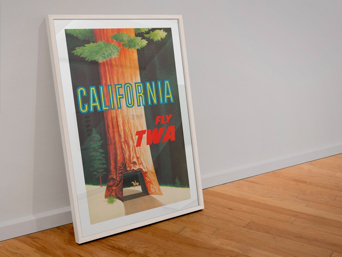 California Fly TWA Giant Redwood Tree Tunnel Vintage Airline Poster - Image 4