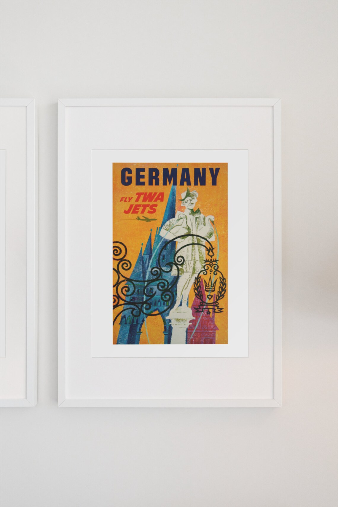 Germany Fly TWA Jets Fountain Statue Vintage Airline Travel Poster - Image 3