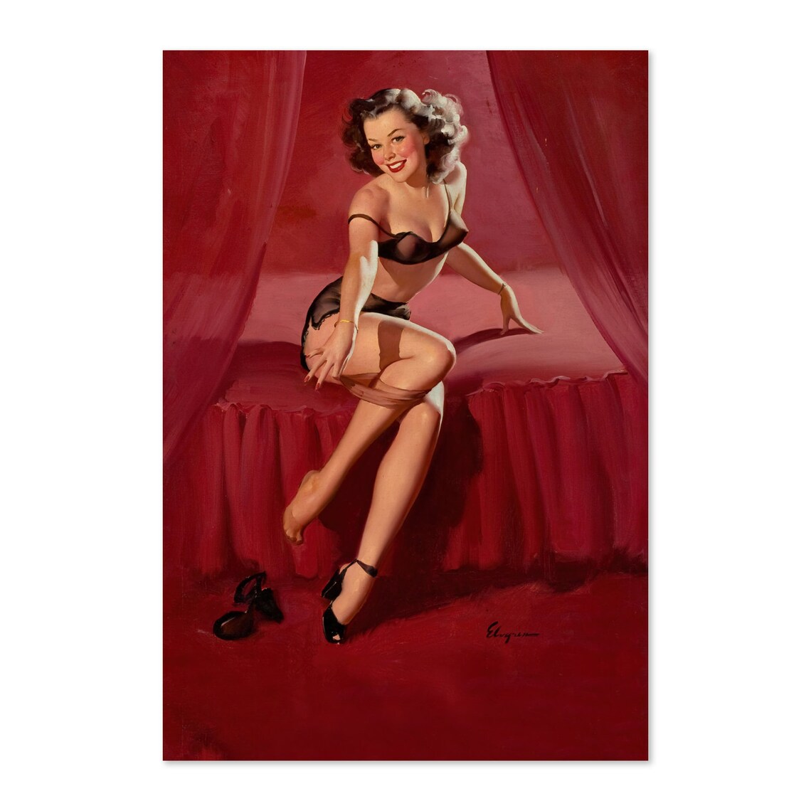 Gil Elvgren Im Not Shy Red Lingerie Bedroom Pinup Art Poster