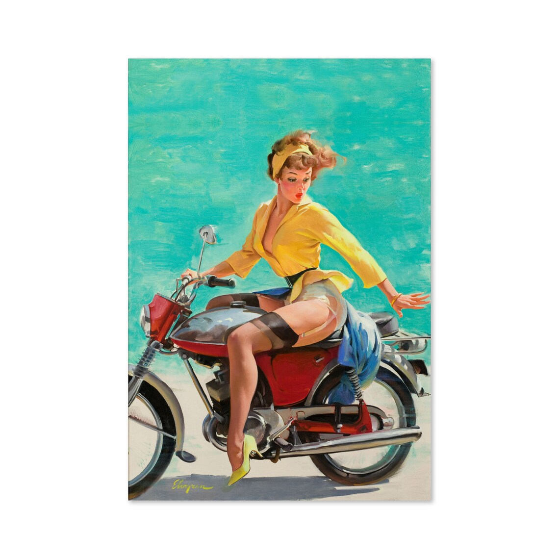 Elvgren Skirting the Issue Pin Up Girl Red Motorcycle Vintage Poster