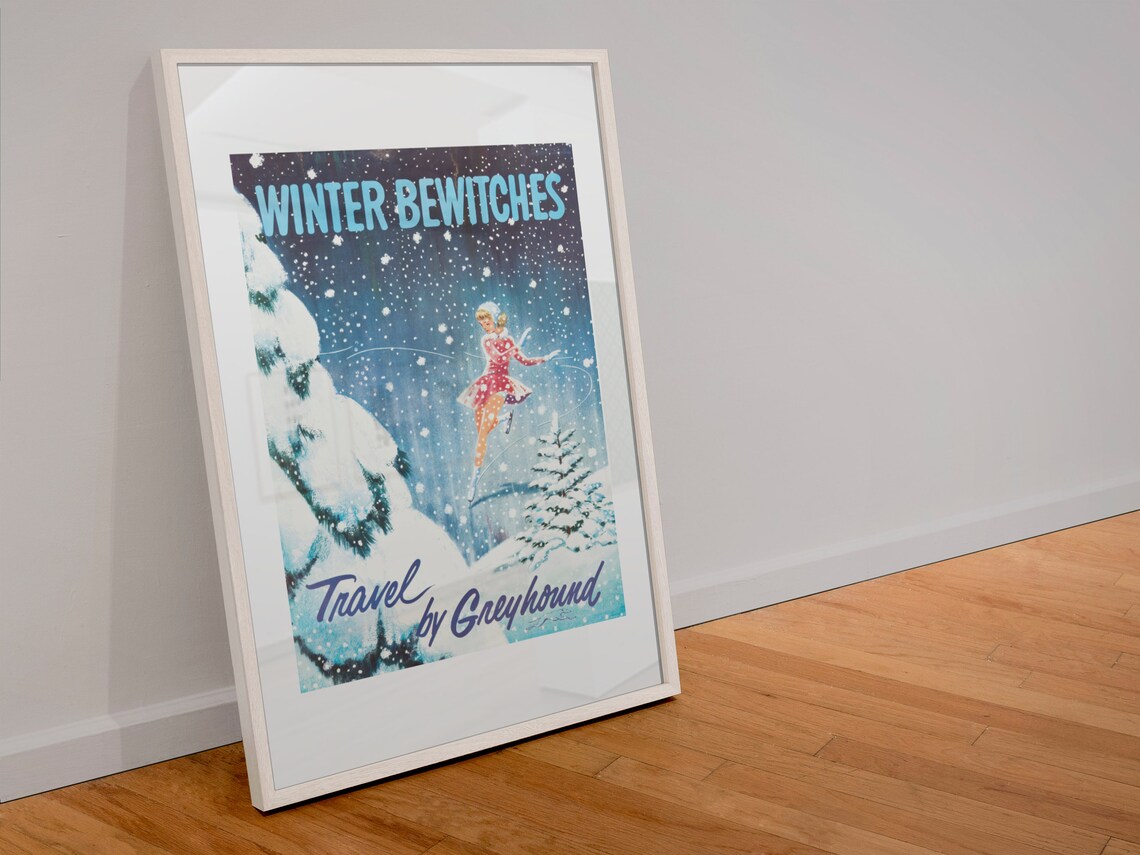 Winter Bewitches Travel by Greyhound Ice Skater 1960s Winter Poster - Image 4