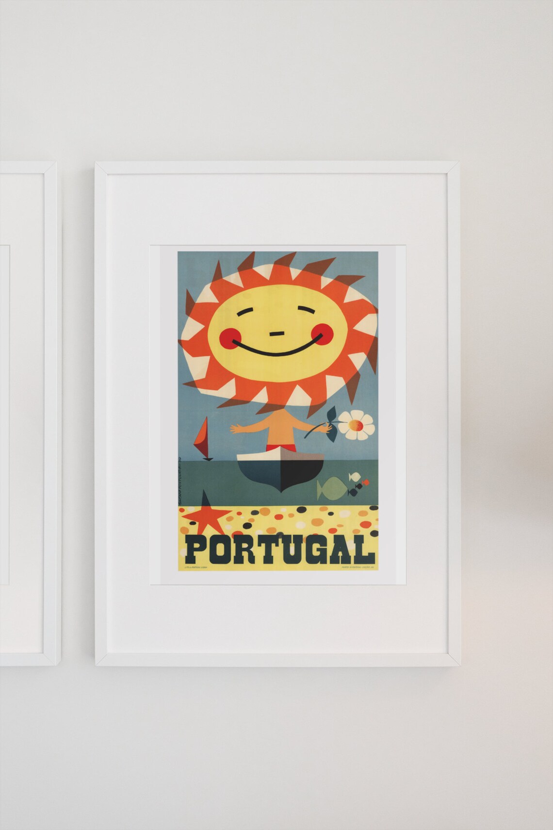 Portugal Smiling Sun Sailboat Mid Century Beach Travel Poster - Image 3