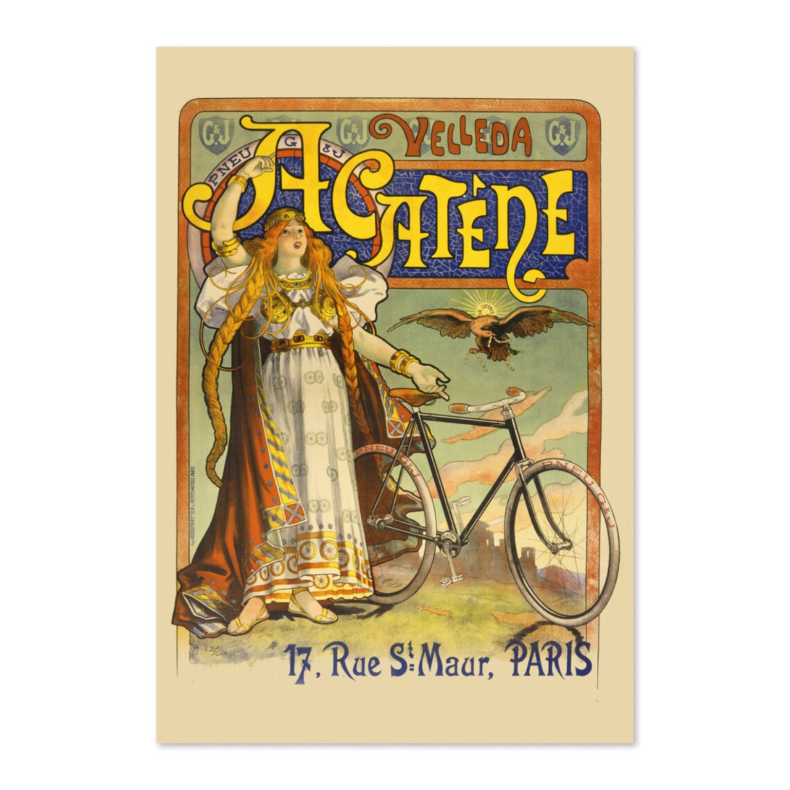 Acatene Velleda Bicycle Goddess 1890s French Art Nouveau Poster