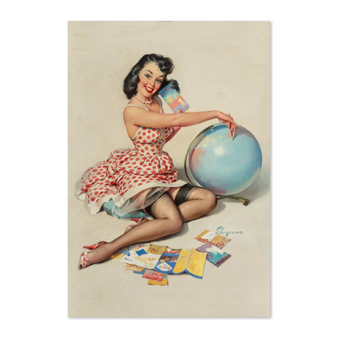 Gil Elvgren Out Of This World Polka Dot Globe Travel Pin-Up Poster