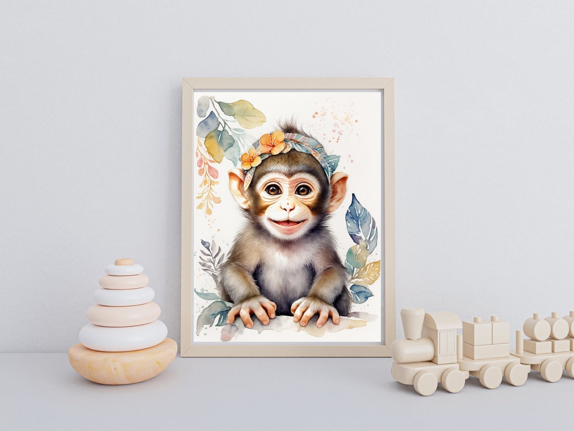 Smiling Baby Monkey Floral Headband Watercolor Nursery Art Poster - Image 3
