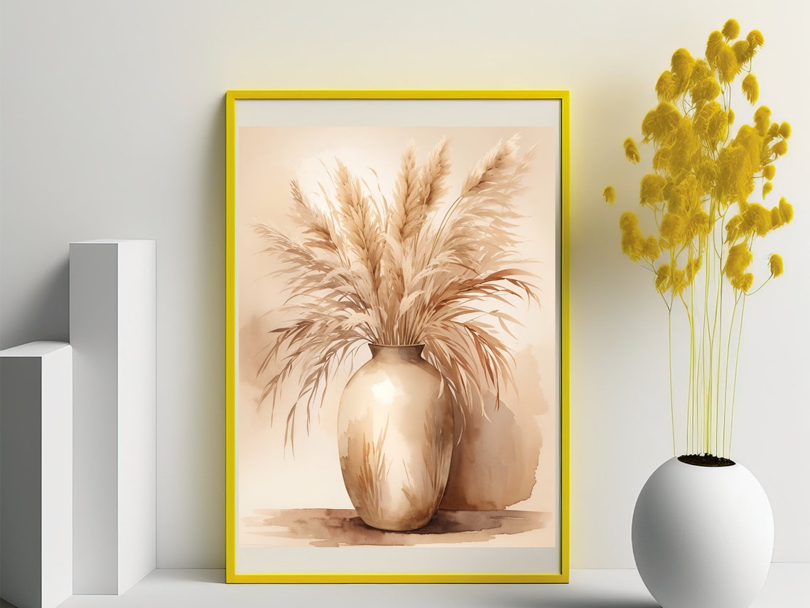 Pampas Grass Ceramic Vase Beige Boho Chic Watercolor Art Poster - Image 2